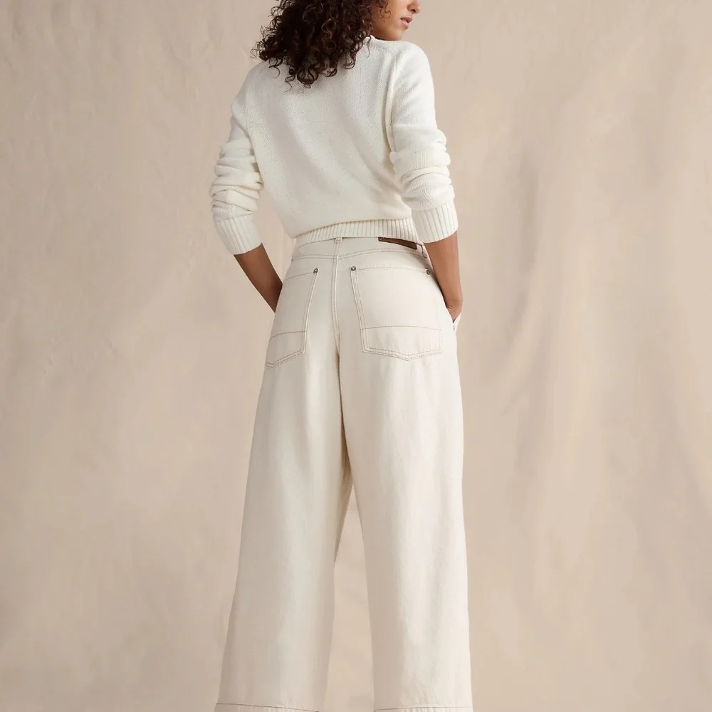 New! BANANA REPUBLIC Mid-Rise Loose Pleated Ankle Jean, Size Large in Ecru/Beige - Picture 6 of 9